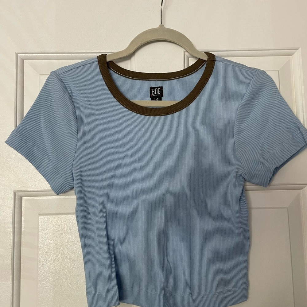 BDG Sky Blue Ribbed Tee with Brown Trim